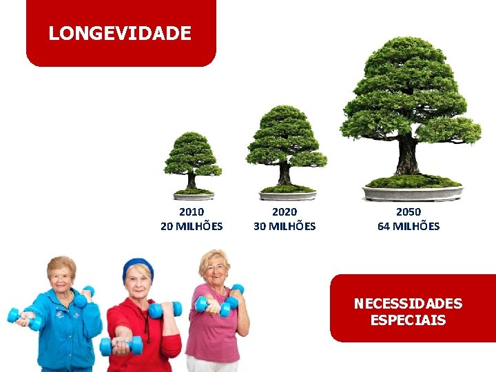 LONGEVIDADE 2010 20 MILHÕES 2020 30 MILHÕES 2050 64 MILHÕES NECESSIDADES ESPECIAIS 