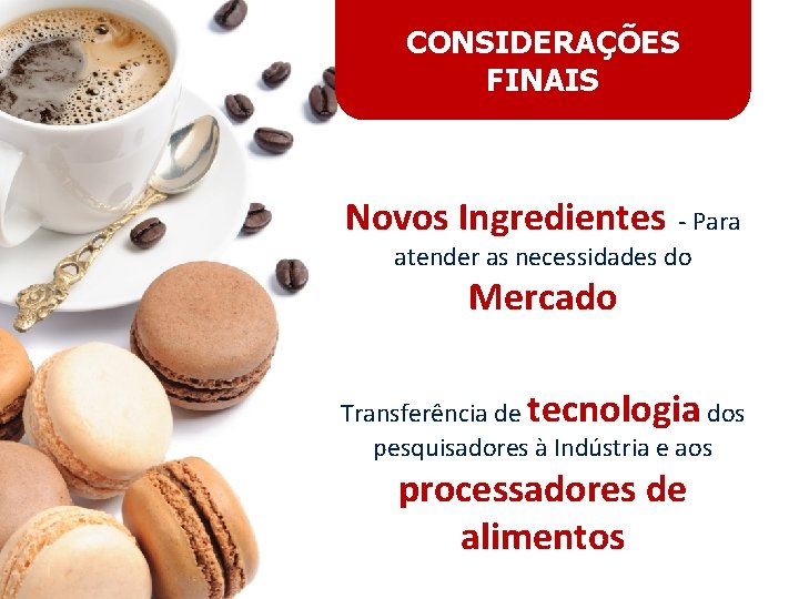 CONSIDERAÇÕES FINAIS Novos Ingredientes - Para atender as necessidades do Mercado Transferência de tecnologia
