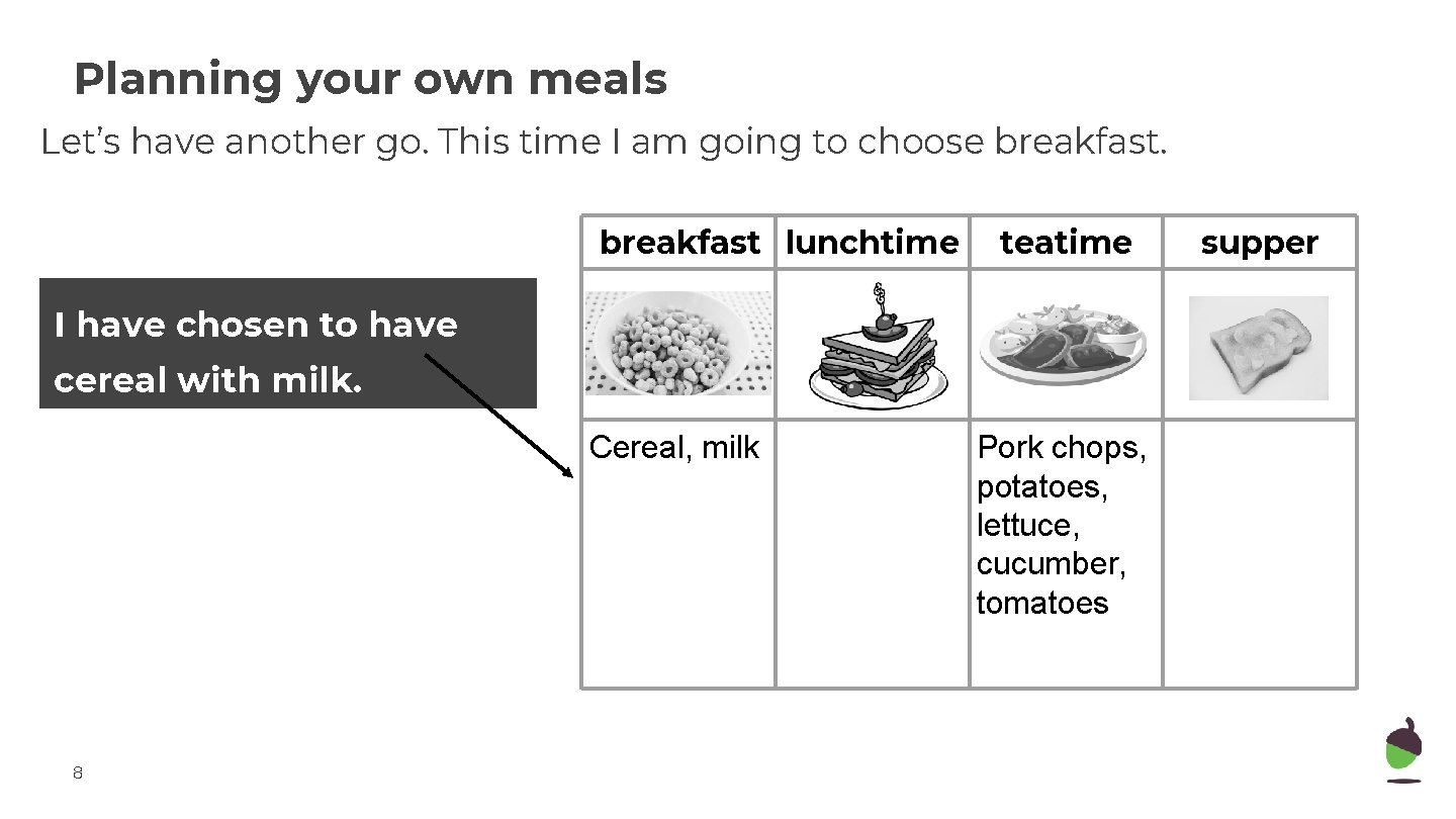 Planning your own meals Let’s have another go. This time I am going to