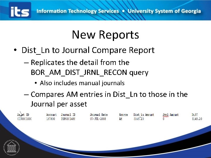 New Reports • Dist_Ln to Journal Compare Report – Replicates the detail from the