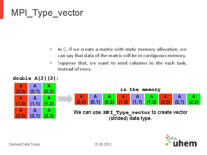 MPI_Type_vector • • In C, if we create a matrix with static memory allocation, MPI_Type_vector • • In C, if we create a matrix with static memory allocation,
