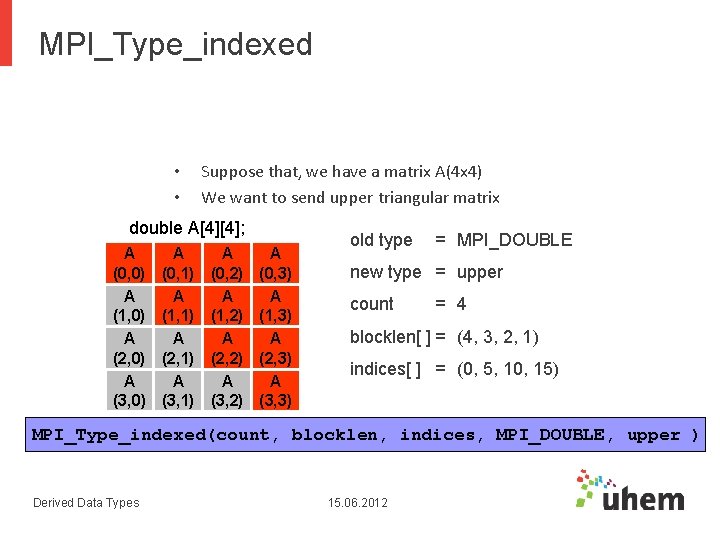 MPI_Type_indexed • • Suppose that, we have a matrix A(4 x 4) We want MPI_Type_indexed • • Suppose that, we have a matrix A(4 x 4) We want