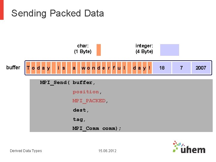 Sending Packed Data char: (1 Byte) buffer T o d a y i s Sending Packed Data char: (1 Byte) buffer T o d a y i s