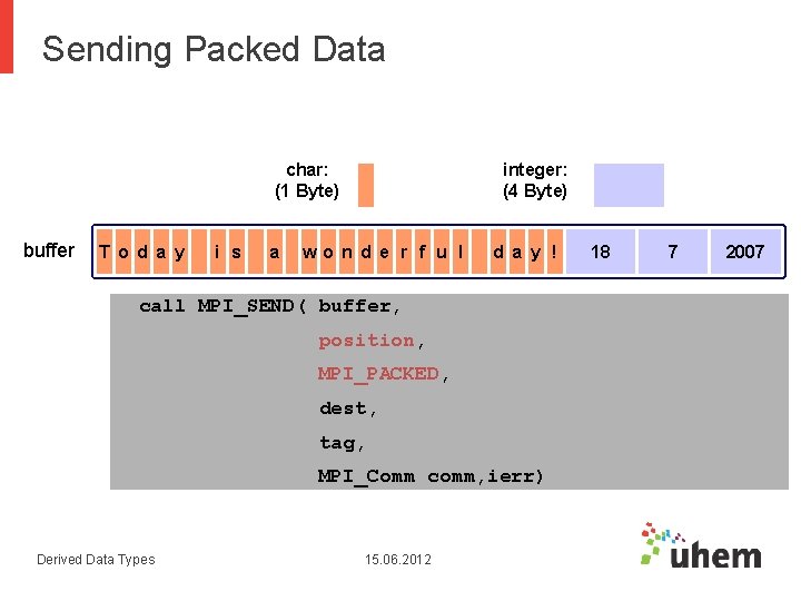 Sending Packed Data char: (1 Byte) buffer T o d a y i s Sending Packed Data char: (1 Byte) buffer T o d a y i s