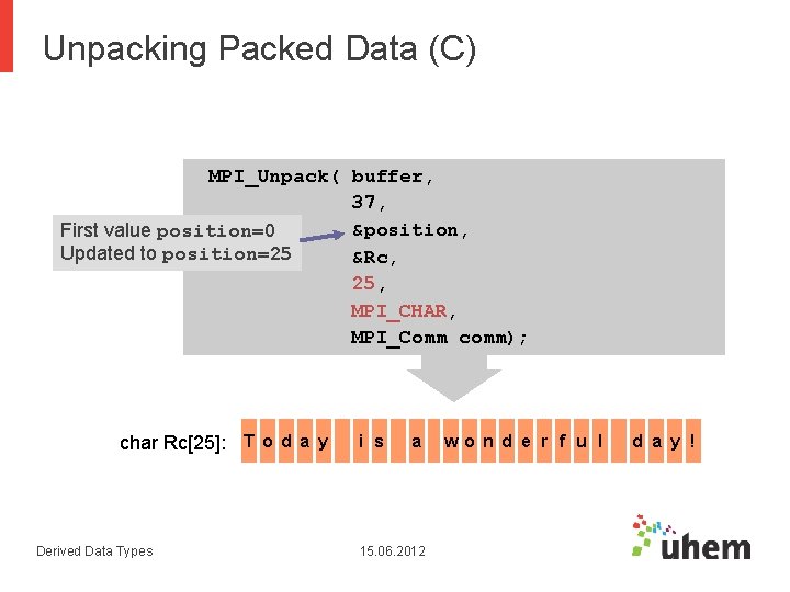 Unpacking Packed Data (C) MPI_Unpack( buffer, 37, &position, First value position=0 Updated to position=25 Unpacking Packed Data (C) MPI_Unpack( buffer, 37, &position, First value position=0 Updated to position=25