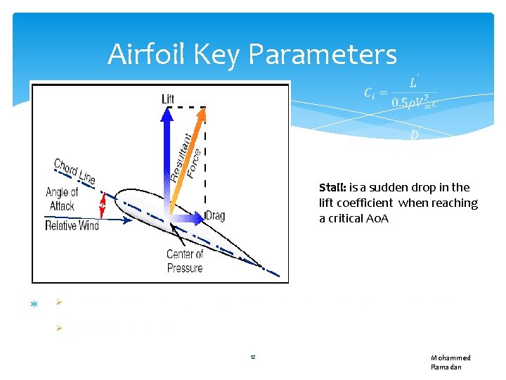 Airfoil Key Parameters Stall: is a sudden drop in the lift coefficient when reaching