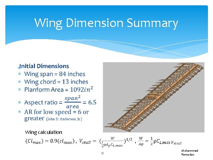 Wing Dimension Summary Wing calculation 17 Mohammed Ramadan 