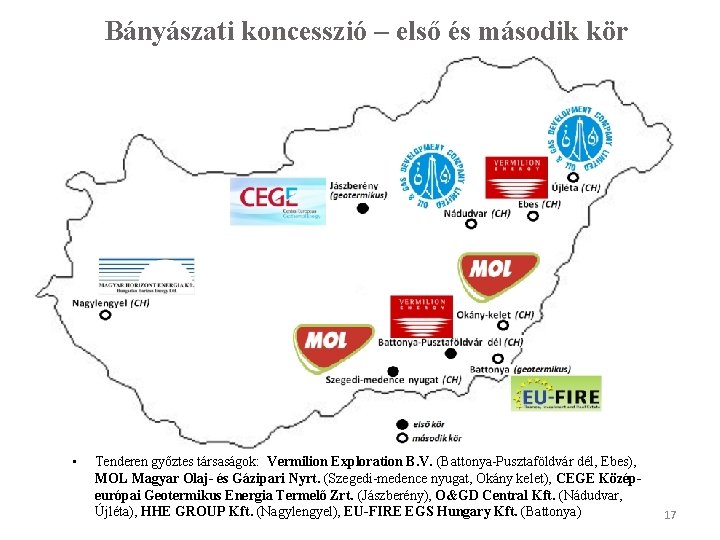 Bányászati koncesszió – első és második kör • Tenderen győztes társaságok: Vermilion Exploration B.