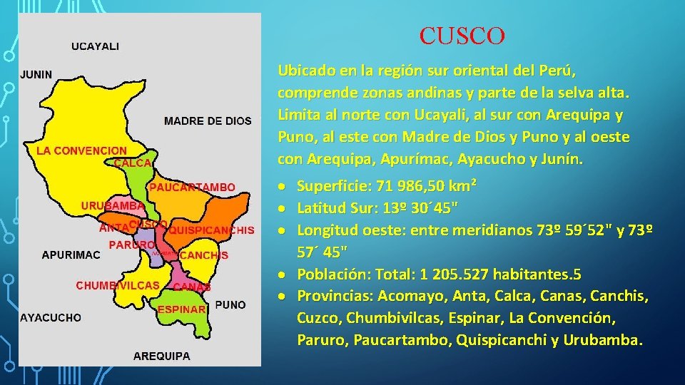 CUSCO Ubicado en la región sur oriental del Perú, comprende zonas andinas y parte