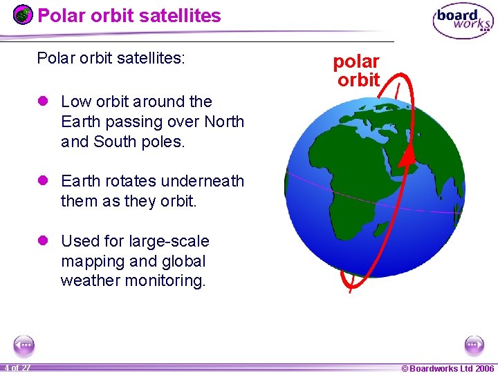 Polar orbit satellites: polar orbit l Low orbit around the Earth passing over North