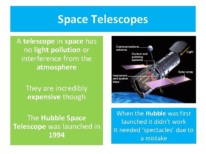 Space Telescopes A telescope in space has no light pollution or interference from the