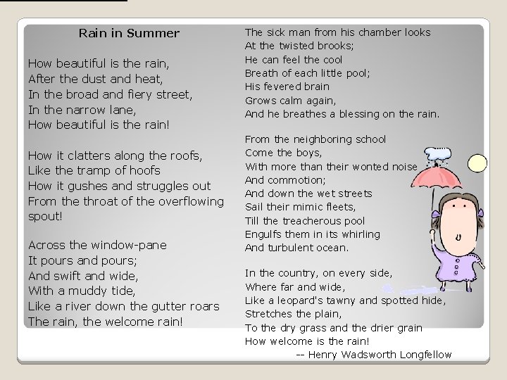 Rain in Summer How beautiful is the rain, After the dust and heat, In