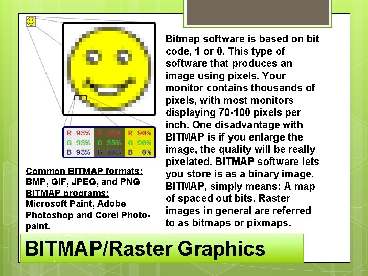 Common BITMAP formats: BMP, GIF, JPEG, and PNG BITMAP programs: Microsoft Paint, Adobe Photoshop
