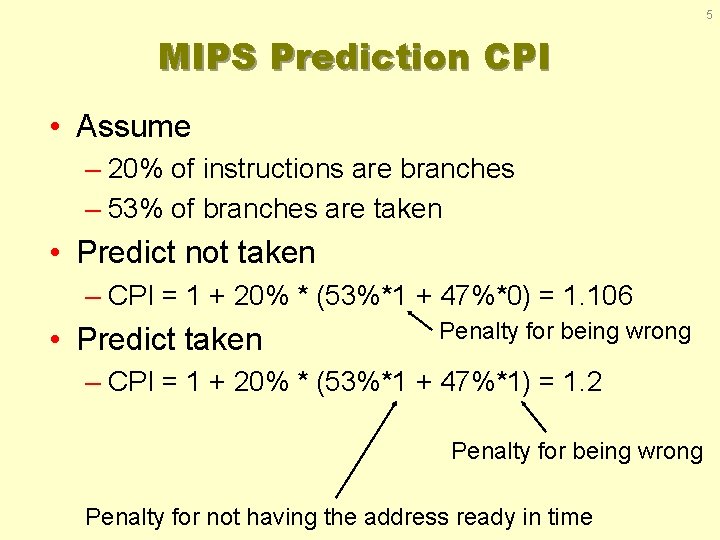 5 MIPS Prediction CPI • Assume – 20% of instructions are branches – 53%