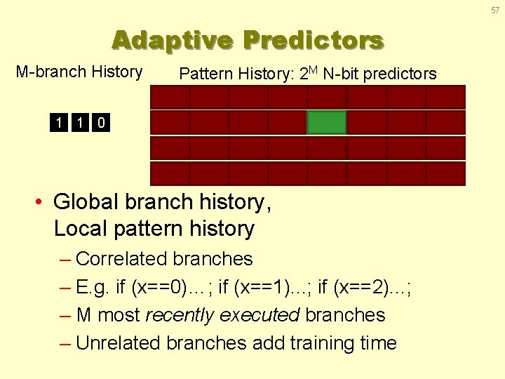 57 Adaptive Predictors M-branch History Pattern History: 2 M N-bit predictors 1 1 0