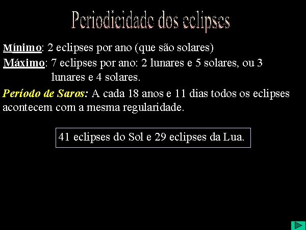 Mínimo: 2 eclipses por ano (que são solares) Máximo: 7 eclipses por ano: 2
