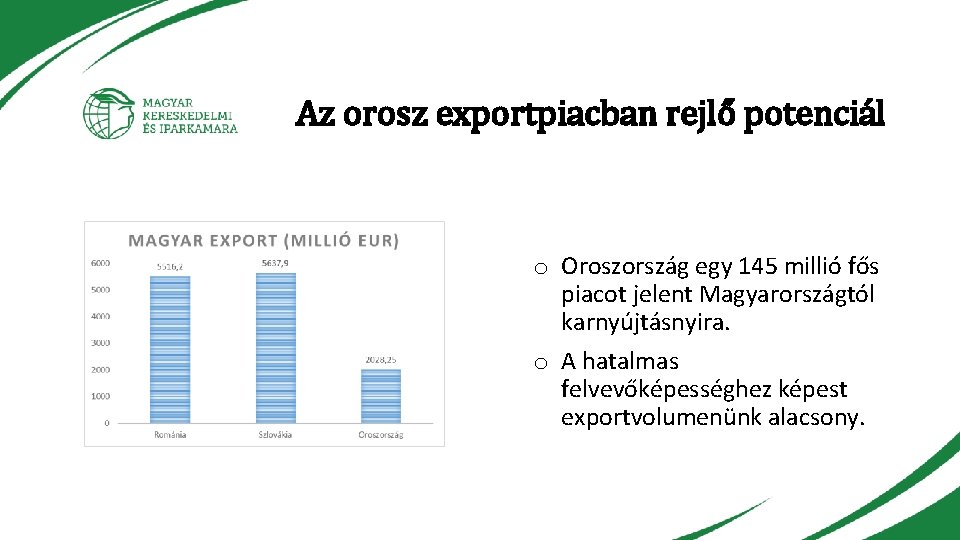 Az orosz exportpiacban rejlő potenciál o Oroszország egy 145 millió fős piacot jelent Magyarországtól