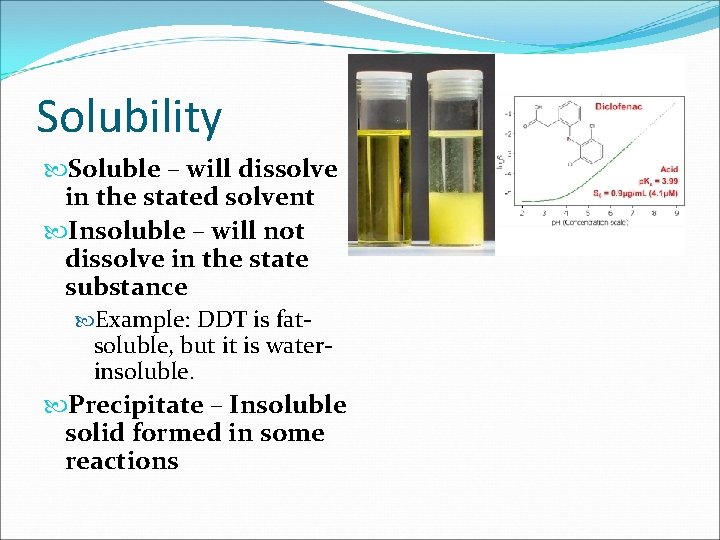 Solubility Soluble – will dissolve in the stated solvent Insoluble – will not dissolve