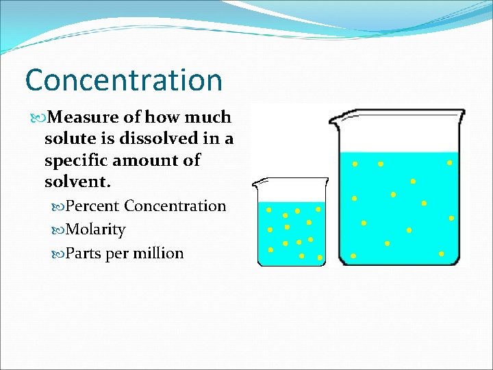 Concentration Measure of how much solute is dissolved in a specific amount of solvent.