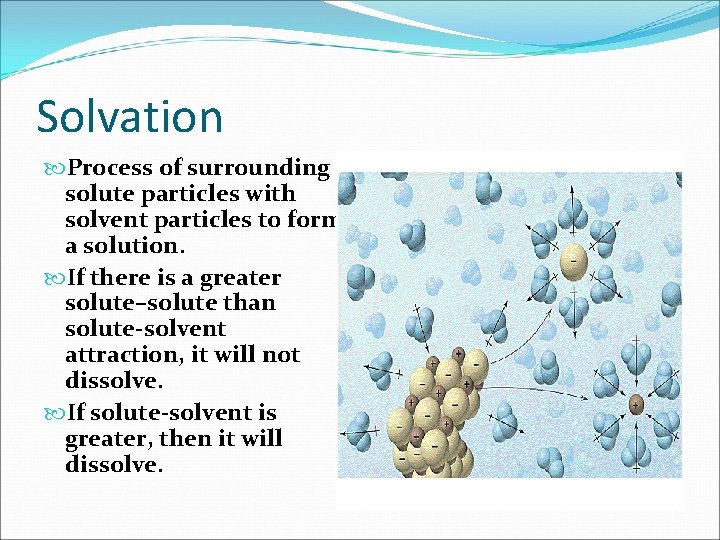 Solvation Process of surrounding solute particles with solvent particles to form a solution. If