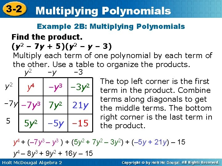 3 -2 Multiplying Polynomials Example 2 B: Multiplying Polynomials Find the product. (y 2