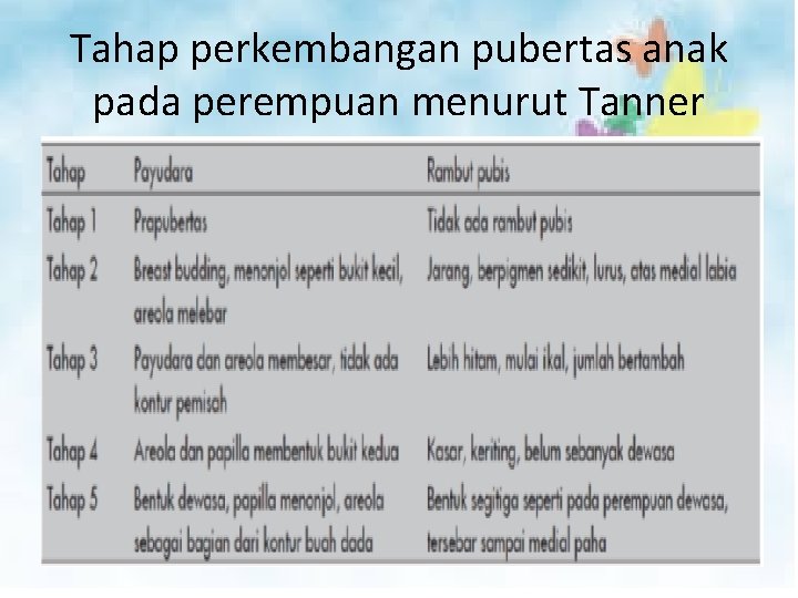 Tahap perkembangan pubertas anak pada perempuan menurut Tanner 