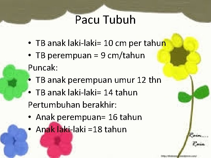 Pacu Tubuh • TB anak laki-laki= 10 cm per tahun • TB perempuan =