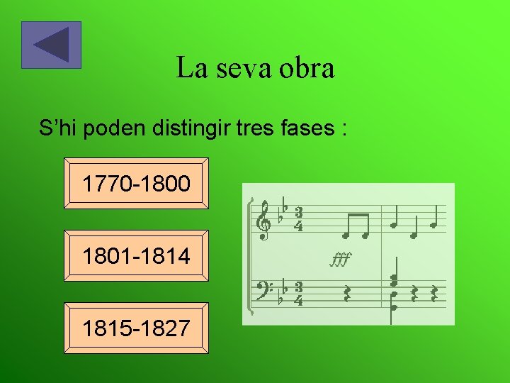 La seva obra S’hi poden distingir tres fases : 1770 -1800 1801 -1814 1815