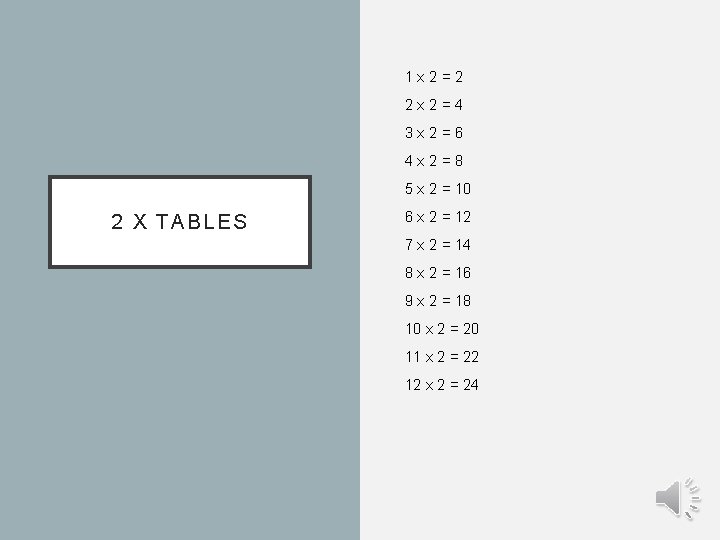 1 x 2=2 2 x 2=4 3 x 2=6 4 x 2=8 5 x