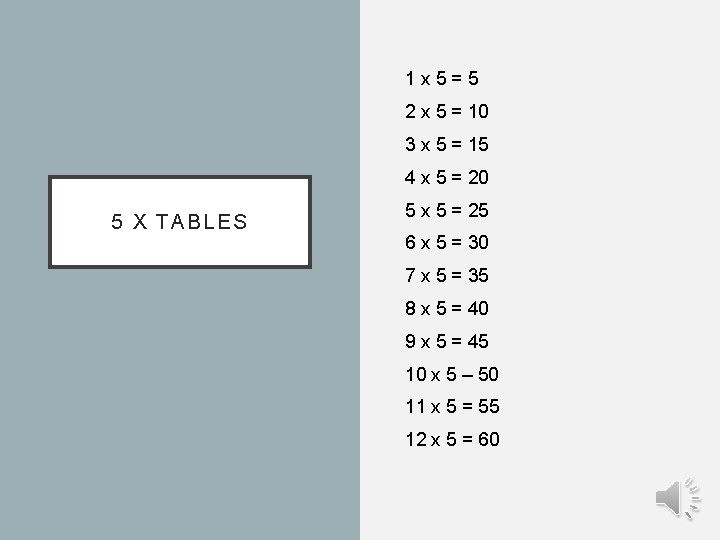 1 x 5=5 2 x 5 = 10 3 x 5 = 15 4