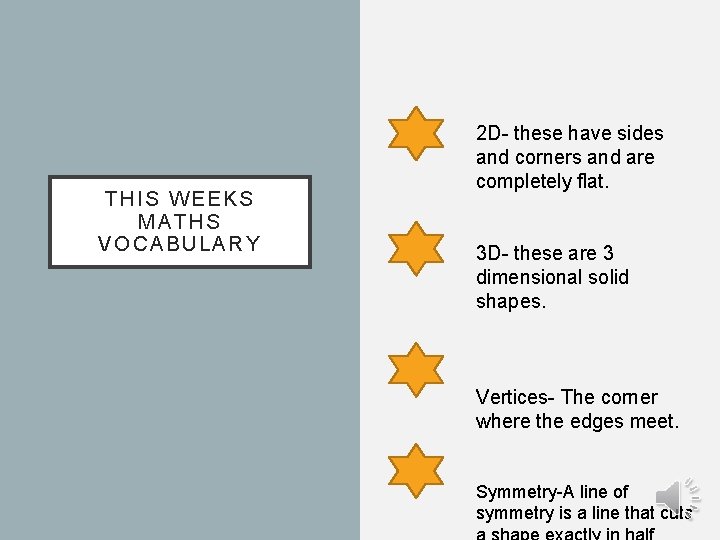 THIS WEEKS MATHS VOCABULARY 2 D- these have sides and corners and are completely