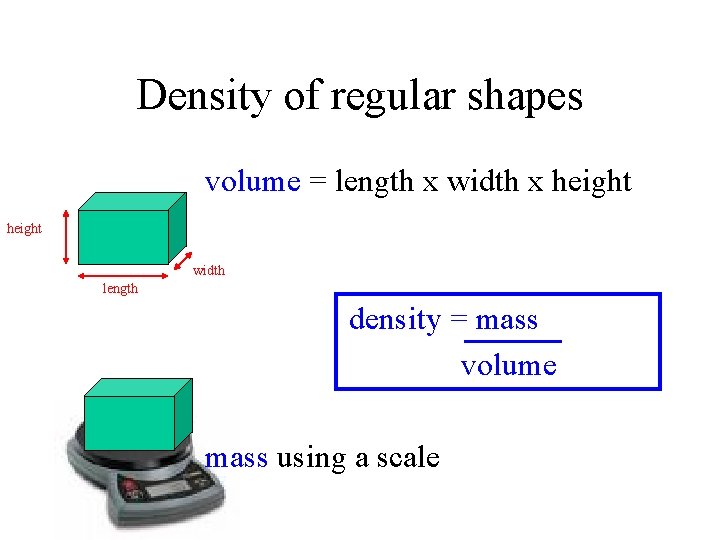 Density of regular shapes volume = length x width x height width length density