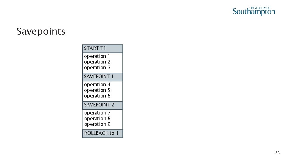 Savepoints START T 1 operation 2 operation 3 SAVEPOINT 1 operation 4 operation 5