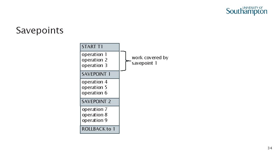 Savepoints START T 1 operation 2 operation 3 work covered by savepoint 1 SAVEPOINT