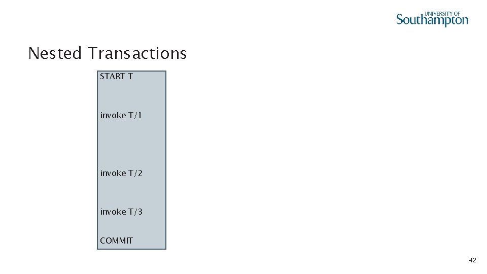 Nested Transactions START T invoke T/1 invoke T/2 invoke T/3 COMMIT 42 