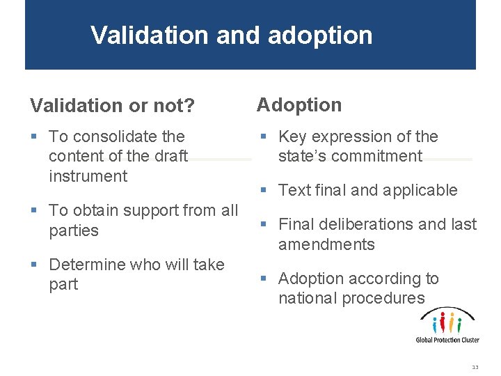 Validation and adoption Validation or not? Adoption § To consolidate the content of the