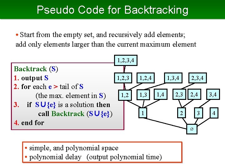 Pseudo Code for Backtracking • Start from the empty set, and recursively add elements;