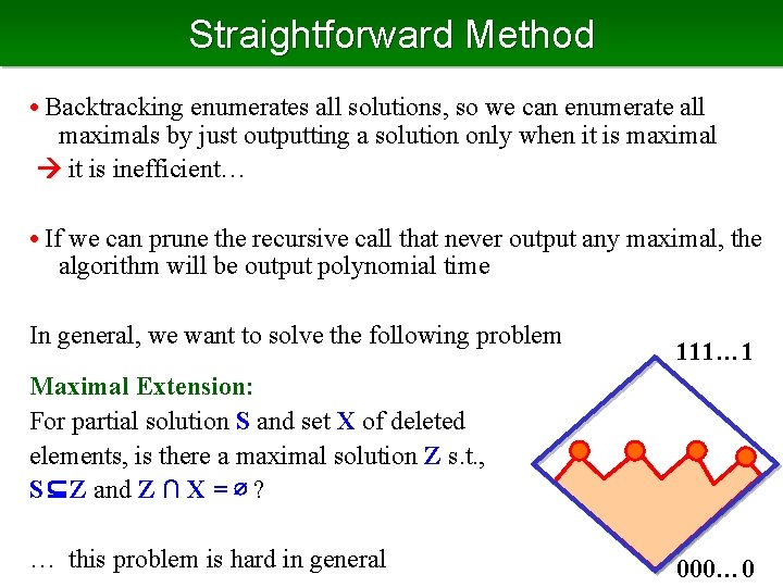 Straightforward Method • Backtracking enumerates all solutions, so we can enumerate all maximals by