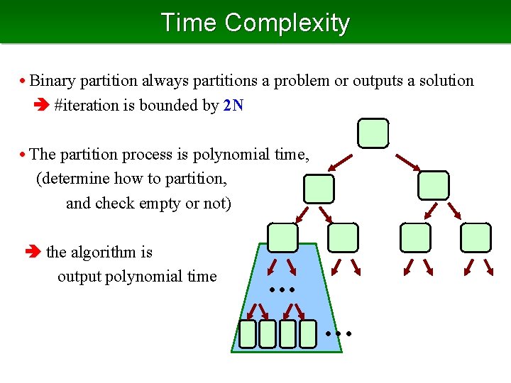 Time Complexity • Binary partition always partitions a problem or outputs a solution #iteration