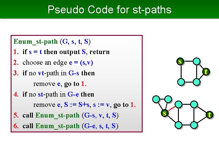 Pseudo Code for st-paths Enum_st-path (G, s, t, S) 1. if s = t