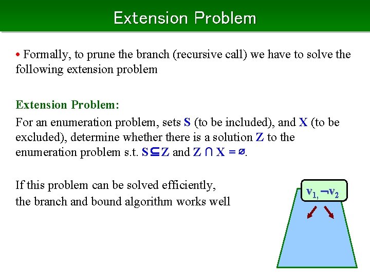 Extension Problem • Formally, to prune the branch (recursive call) we have to solve