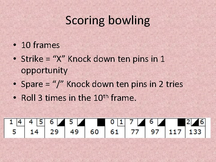 Scoring bowling • 10 frames • Strike = “X” Knock down ten pins in