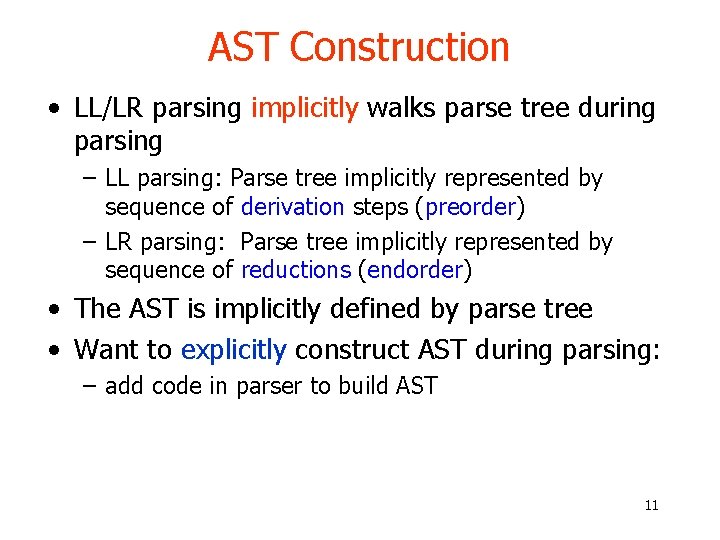 AST Construction • LL/LR parsing implicitly walks parse tree during parsing – LL parsing: AST Construction • LL/LR parsing implicitly walks parse tree during parsing – LL parsing: