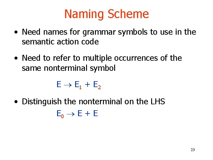 Naming Scheme • Need names for grammar symbols to use in the semantic action Naming Scheme • Need names for grammar symbols to use in the semantic action
