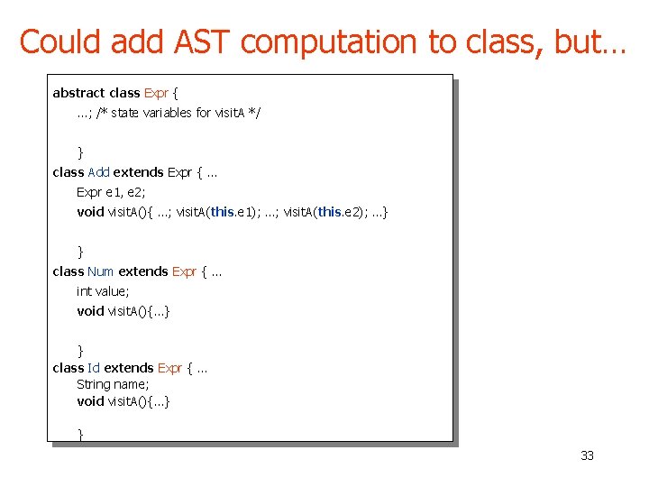 Could add AST computation to class, but… abstract class Expr { …; /* state Could add AST computation to class, but… abstract class Expr { …; /* state