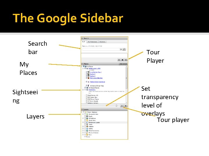 The Google Sidebar Search bar My Places Sightseei ng Layers Tour Player Set transparency