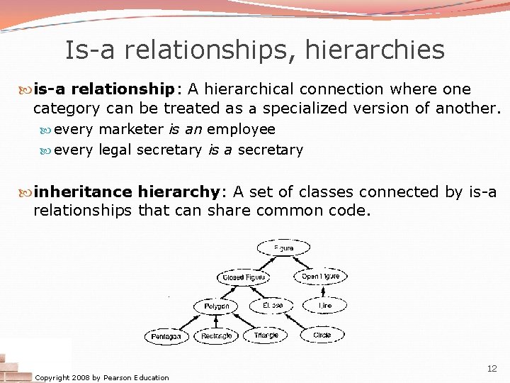 Is-a relationships, hierarchies is-a relationship: A hierarchical connection where one category can be treated