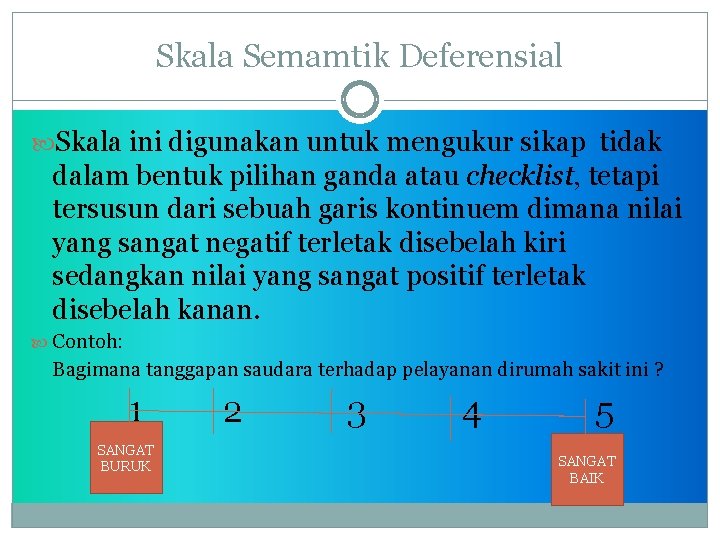 Skala Semamtik Deferensial Skala ini digunakan untuk mengukur sikap tidak dalam bentuk pilihan ganda
