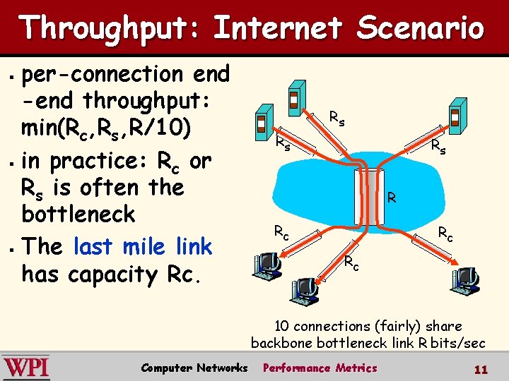Throughput: Internet Scenario per-connection end -end throughput: min(Rc, Rs, R/10) § in practice: Rc