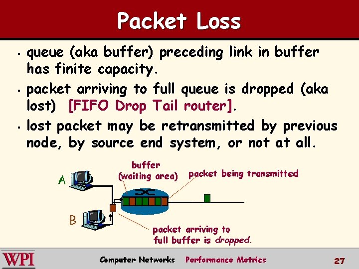 Packet Loss § § § queue (aka buffer) preceding link in buffer has finite